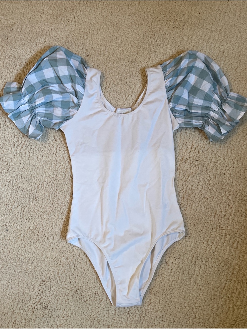 White Bodysuit with Gingham Puff Sleeves